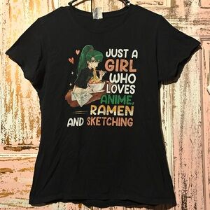 Port and Company Black Tee with Anime and Ramen Graphic